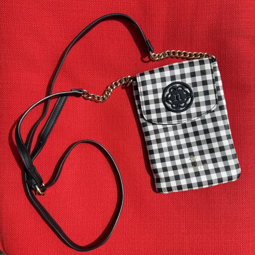 Nanette Lepore Black & White Gingham Faux Leather Phone Wallet Crossbody – New